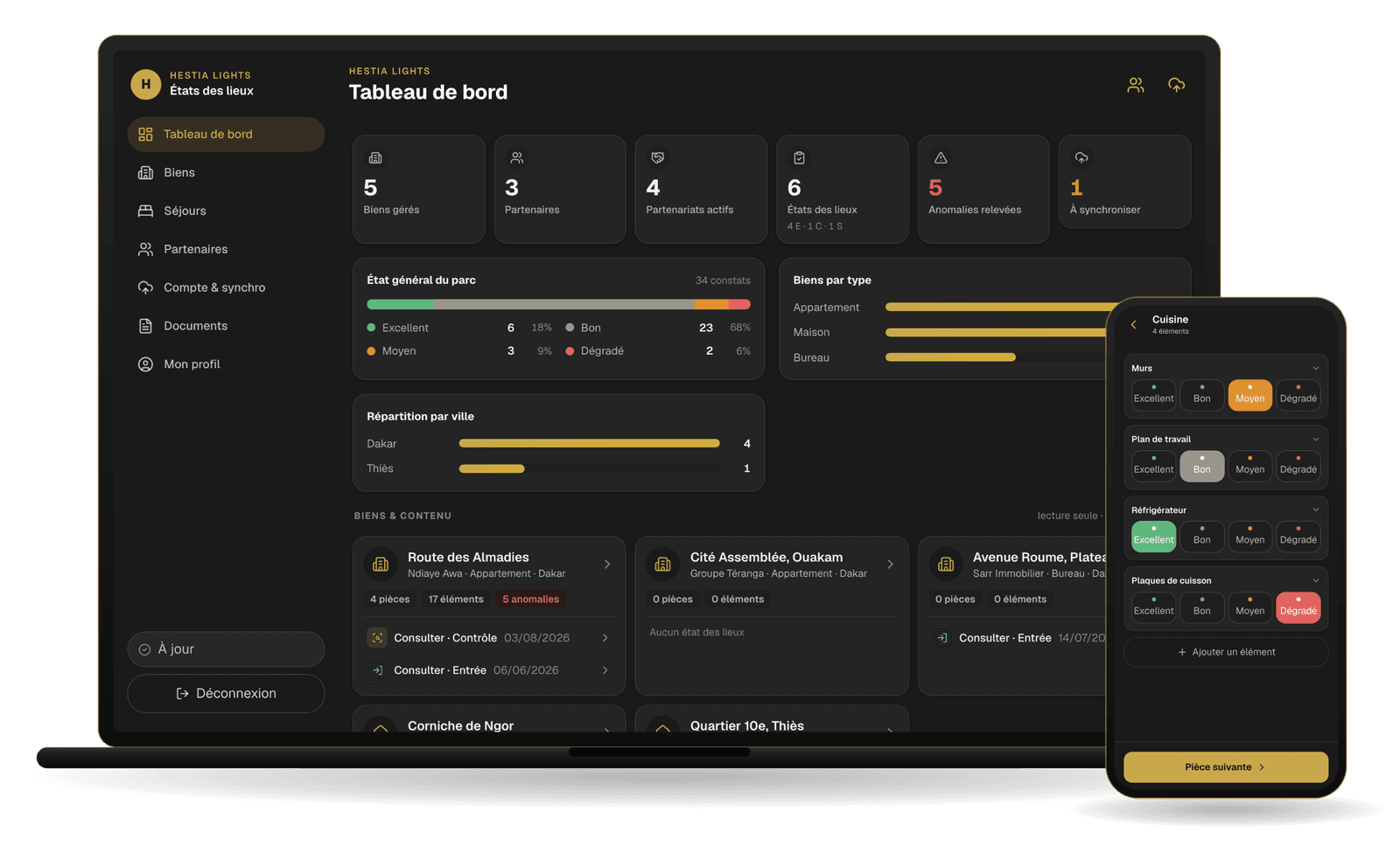 The Hestia Lights rental management application on desktop (the portfolio dashboard) and on phone (a condition report in the field)
