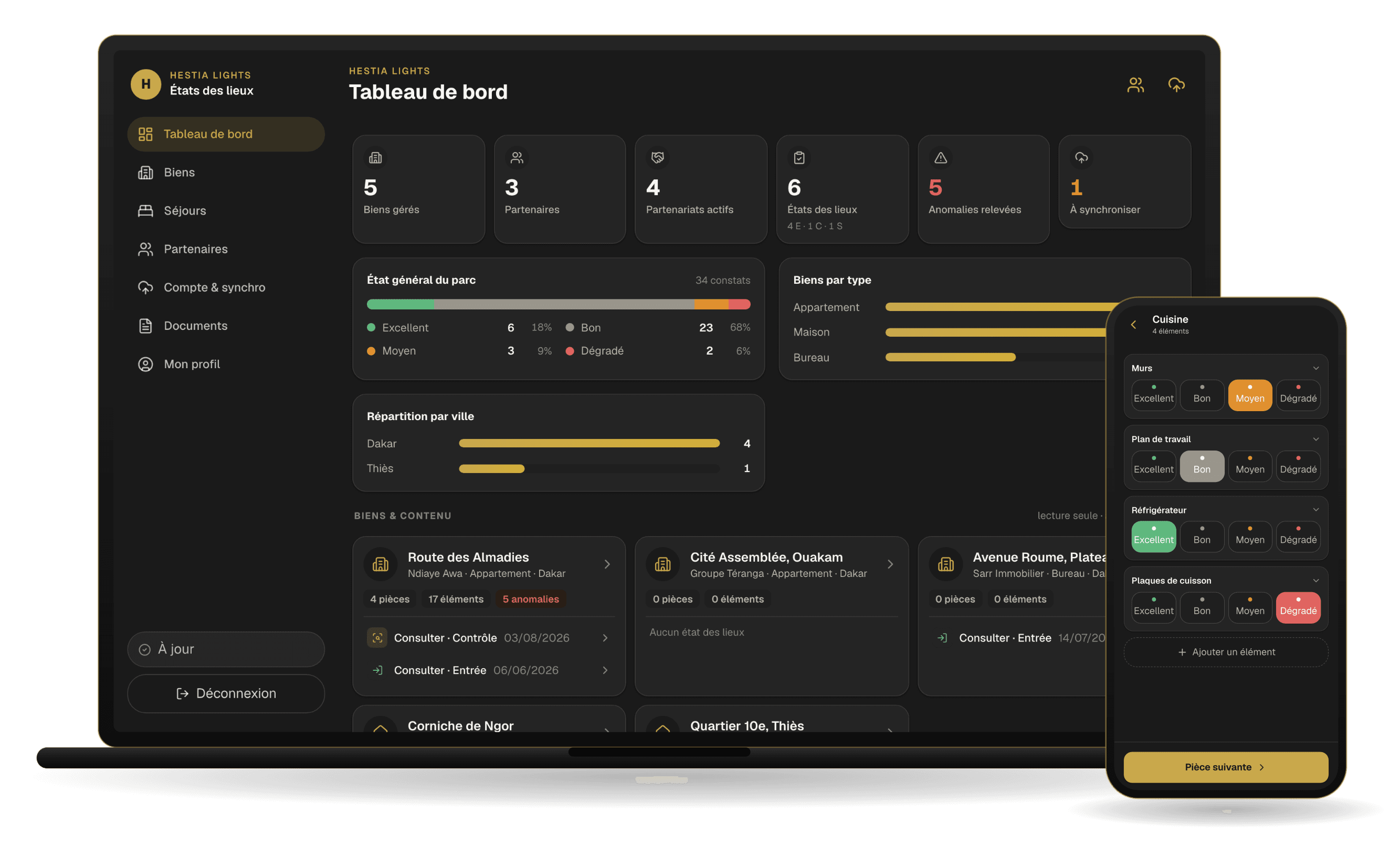 L'application de gestion locative Hestia Lights sur ordinateur (tableau de bord du parc) et sur téléphone (état des lieux sur le terrain)